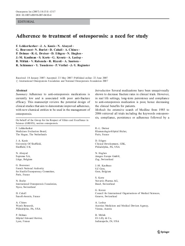 (PDF) Adherence to treatment of osteoporosis: a need for study