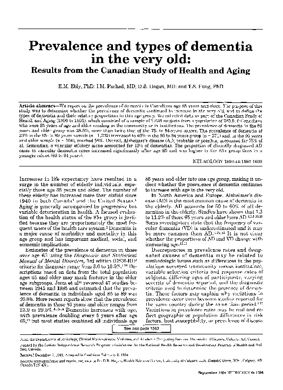 (PDF) Prevalence and types of dementia in the very old: Results from ...