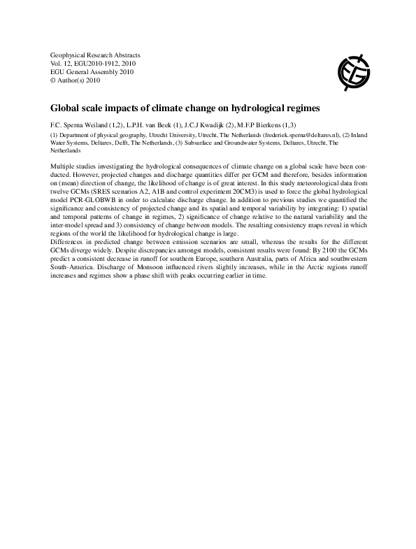 (PDF) Global scale impacts of climate change on hydrological regimes