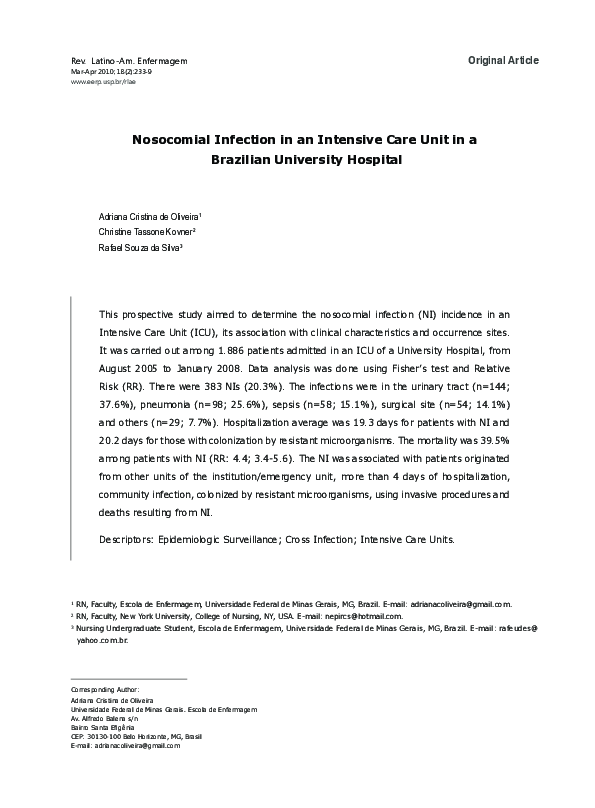 (PDF) Nosocomial infection in an intensive care unit in a Brazilian ...