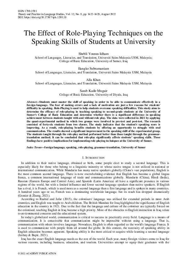 (PDF) The Effect of Role-Playing Techniques on the Speaking Skills of ...