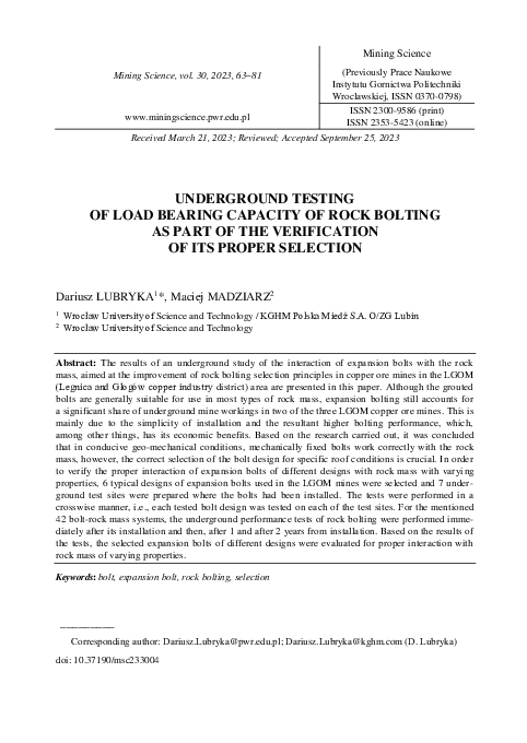 (PDF) Underground testing of load bearing capacity of rock bolting as ...