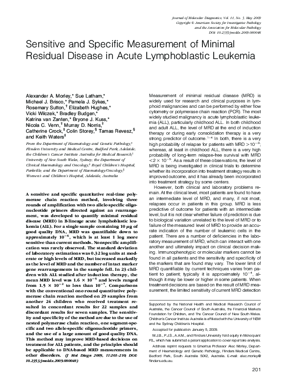 (PDF) Sensitive and Specific Measurement of Minimal Residual Disease in ...