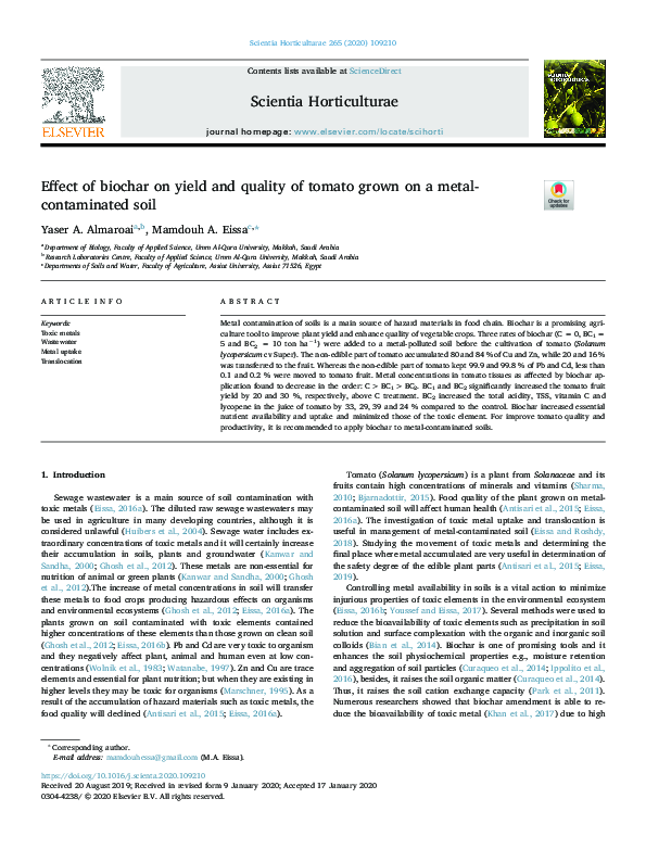 (PDF) Effect of biochar on yield and quality of tomato grown on a metal ...