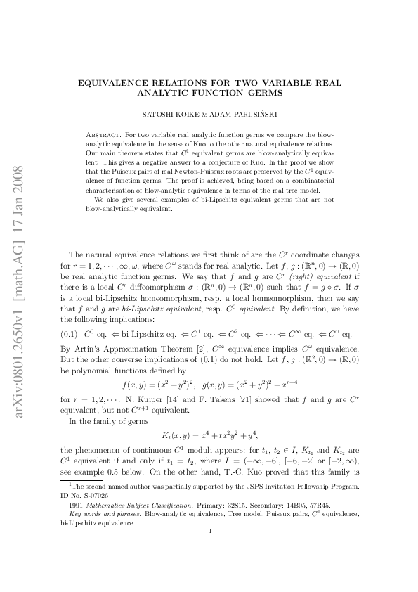 (PDF) Equivalence relations for two variable real analytic function germs