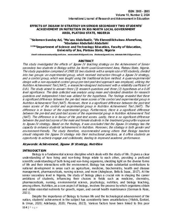 (PDF) EFFECTS OF JIGSAW IV STRATEGY ON SENIOR SECONDARY TWO STUDENTS ...