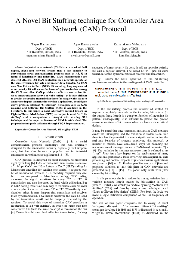 (PDF) A novel bit stuffing technique for Controller Area Network (CAN ...