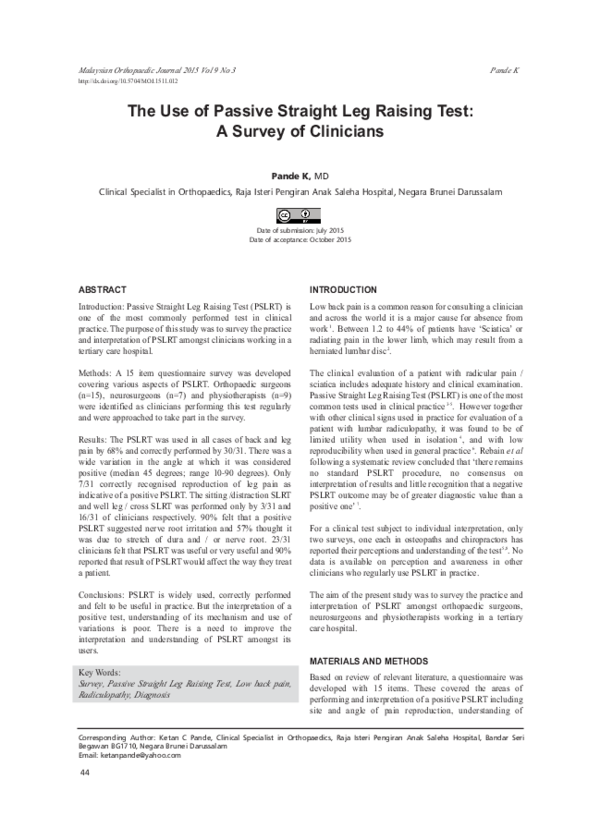 (PDF) The Use of Passive Straight Leg Raising Test: A Survey of Clinicians