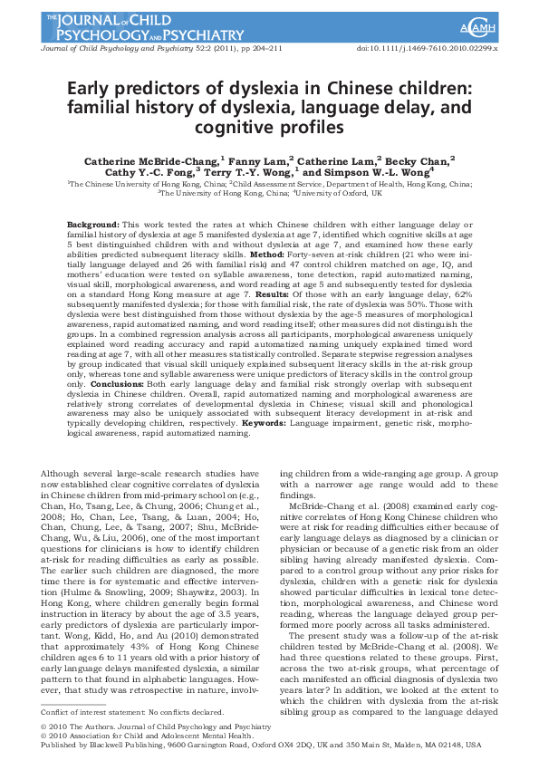 (PDF) Early predictors of dyslexia in Chinese children: familial ...