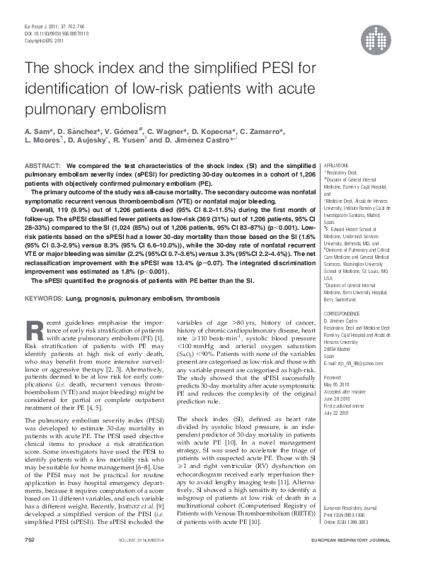 (PDF) The shock index and the simplified PESI for identification of low ...
