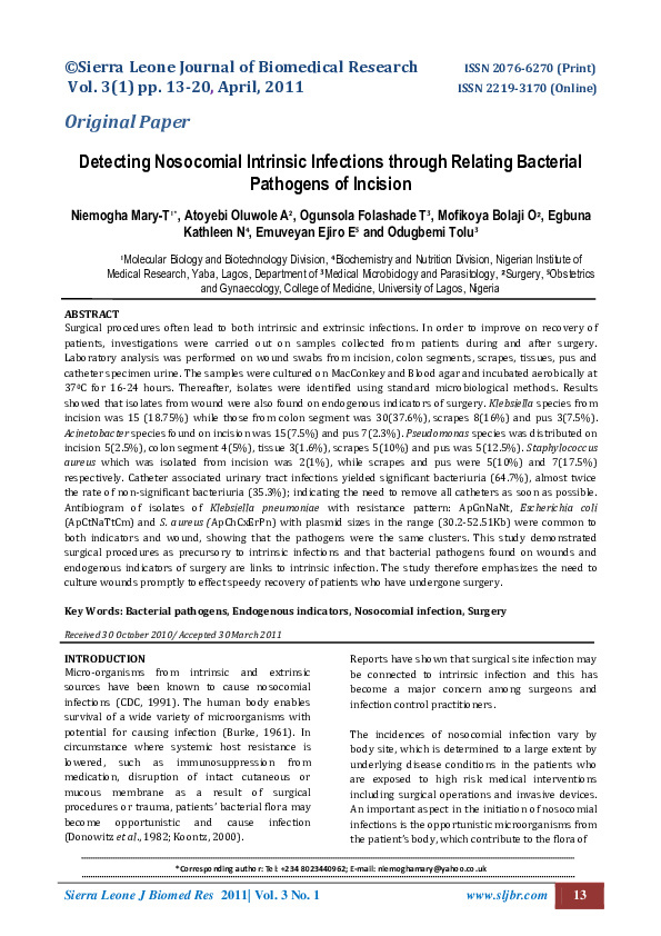 (PDF) Detecting Nosocomial Intrinsic Infections through Relating ...