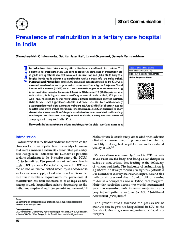 (PDF) Prevalence of malnutrition in a tertiary care hospital in India