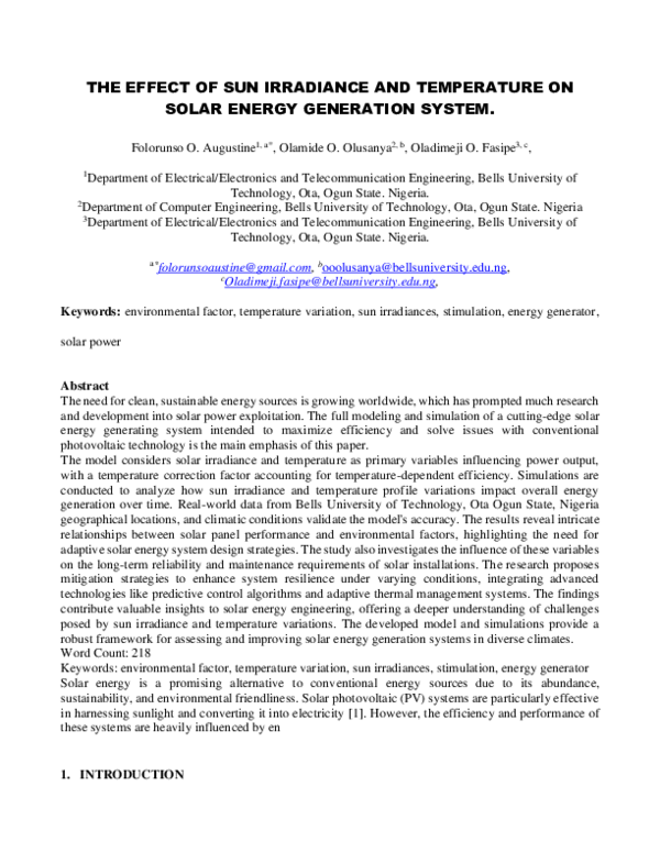 (PDF) THE EFFECT OF SUN IRRADIANCE AND TEMPERATURE ON SOLAR ENERGY ...