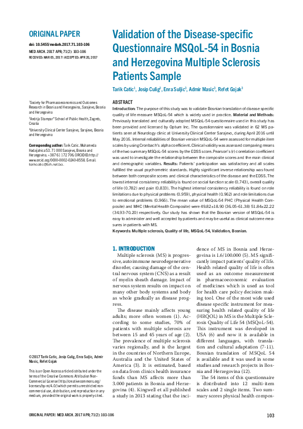 (PDF) Validation of the Disease-specific Questionnaire MSQoL-54 in ...