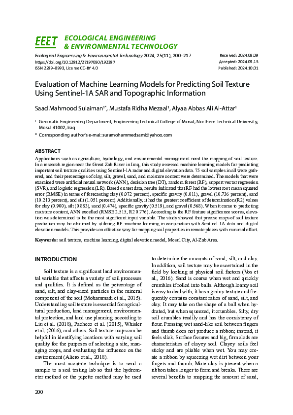 (PDF) Evaluation of Machine Learning Models for Predicting Soil Texture ...