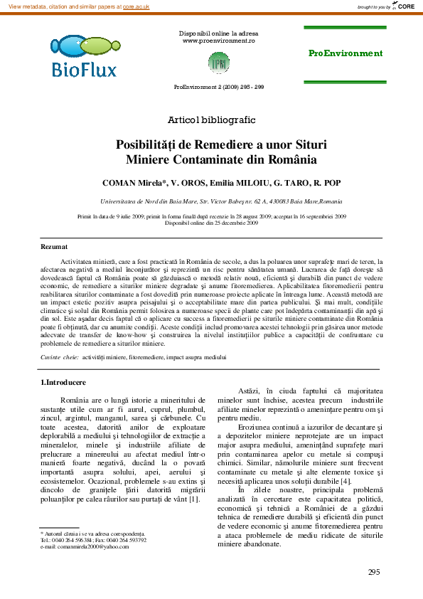 (PDF) Posibilităţi de Remediere a unor Situri Miniere Contaminate din ...