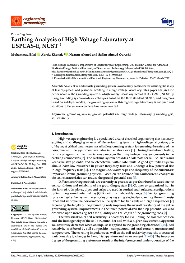 (PDF) Earthing Analysis of High Voltage Laboratory at USPCAS-E, NUST