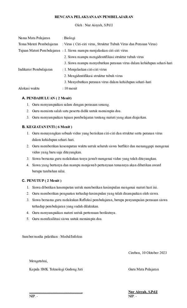 (PDF) RPP CGP BIOLOGI (VIRUS) SMK KELAS