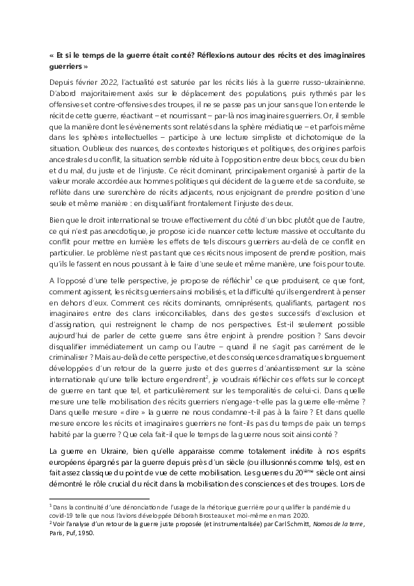 (PDF) Et si le temps de la guerre était conté? Réflexions autour des ...