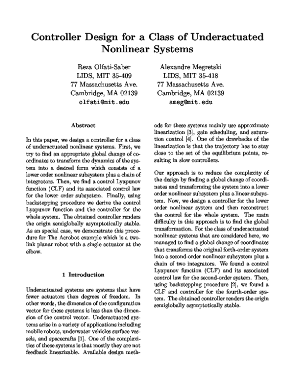 (PDF) Controller design for a class of underactuated nonlinear systems