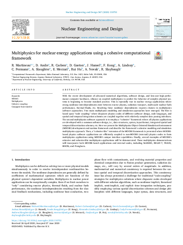 (PDF) Multiphysics for nuclear energy applications using a cohesive ...