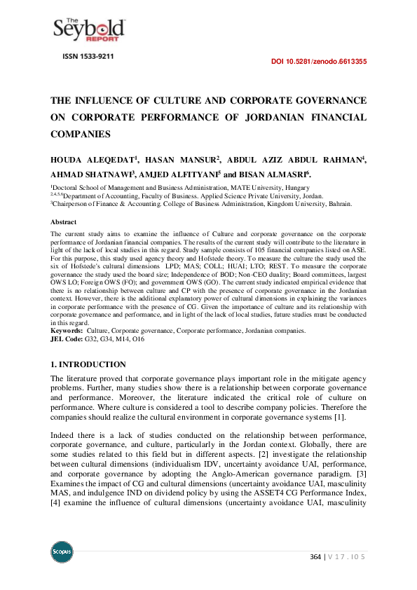 (PDF) The Influence of Culture and Corporate Governance on Corporate ...