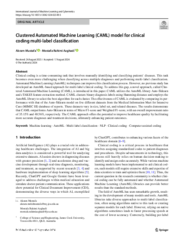 (PDF) Clustered Automated Machine Learning (CAML) model for clinical ...