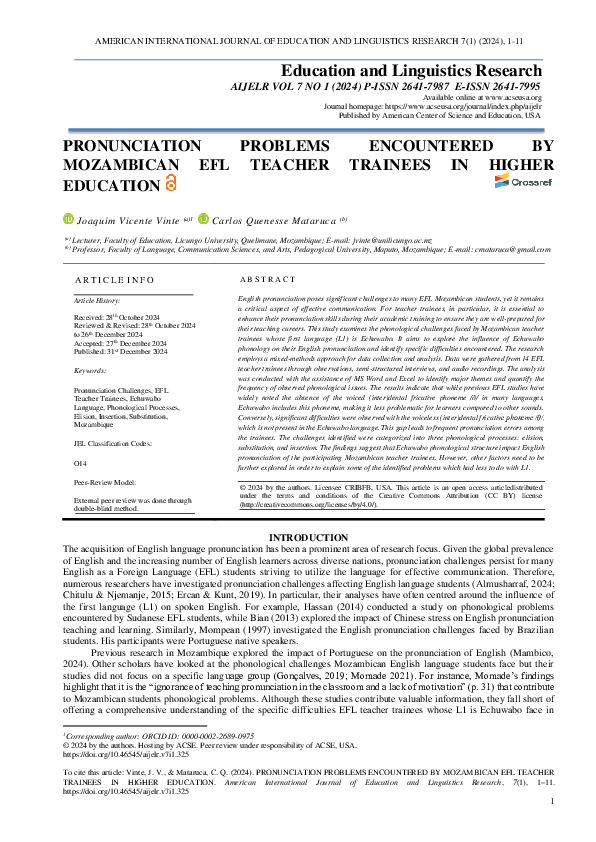(PDF) Pronunciation Problems Encountered by Mozambican EFL Teacher ...