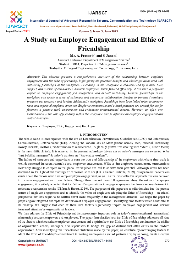 (PDF) A Study on Employee Engagement and Ethic of Friendship