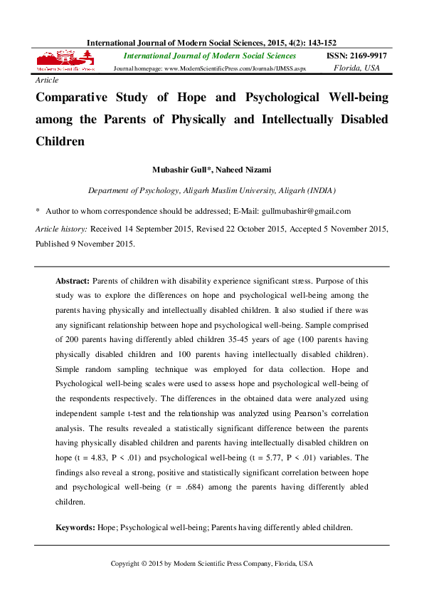 (PDF) Comparative Study of Hope and Psychological Well-being among the ...