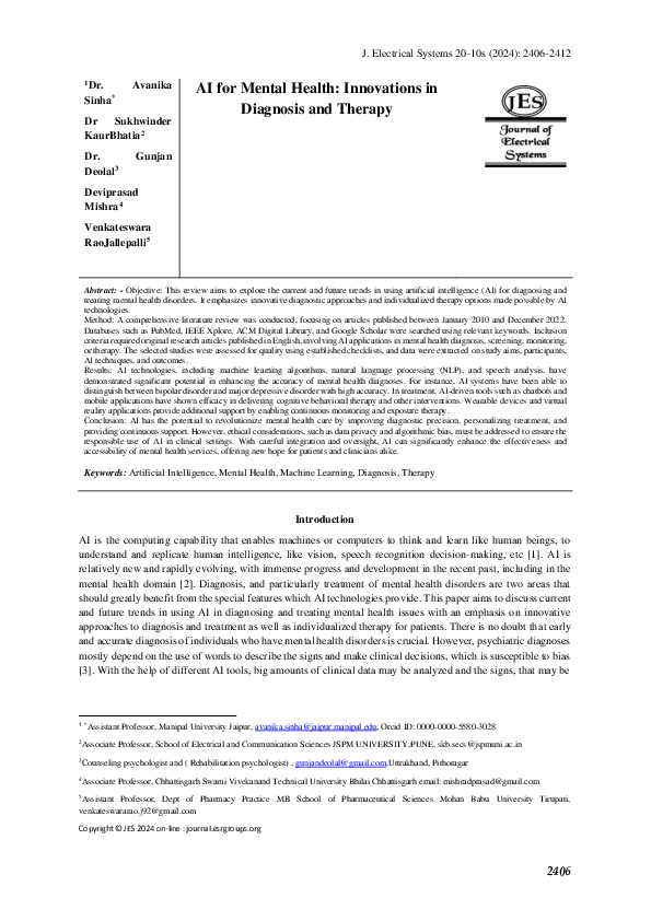 (PDF) AI for Mental Health: Innovations in Diagnosis and Therapy
