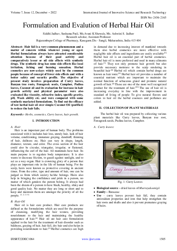 (PDF) Formulation and Evalution of Herbal Hair Oil