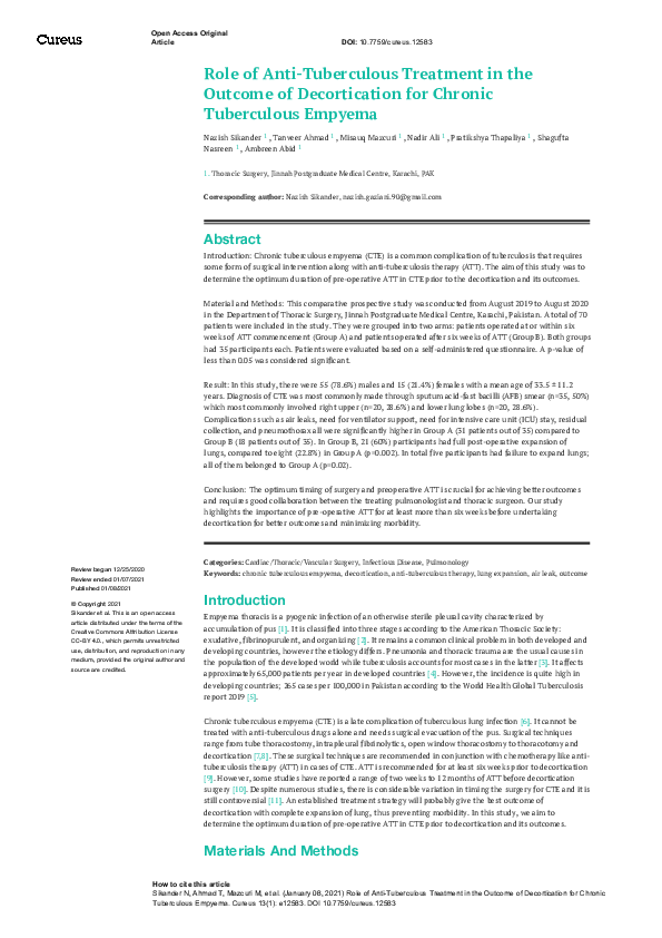 (PDF) Role of Anti-Tuberculous Treatment in the Outcome of ...