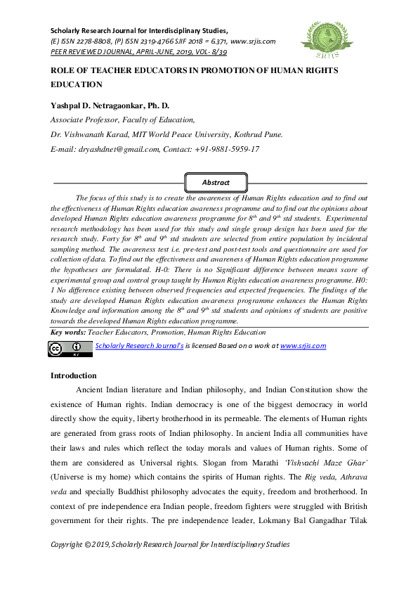 (PDF) Role of Teacher Educators in Promotion of Human Rights Education
