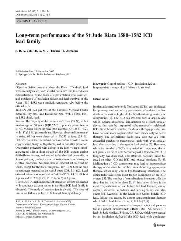 (PDF) Long-term performance of the St Jude Riata 1580–1582 ICD lead family