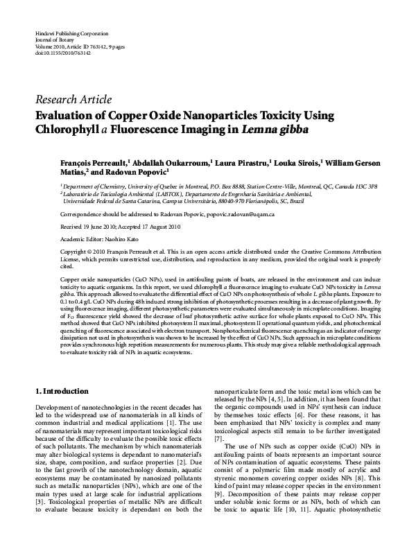 (PDF) Evaluation of Copper Oxide Nanoparticles Toxicity Using ...