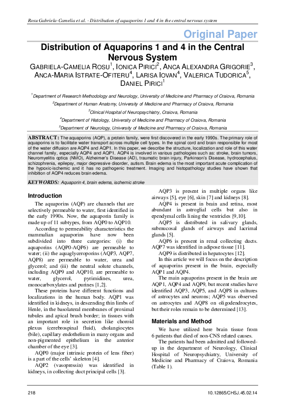 (PDF) Distribution of Aquaporins 1 and 4 in the Central Nervous System