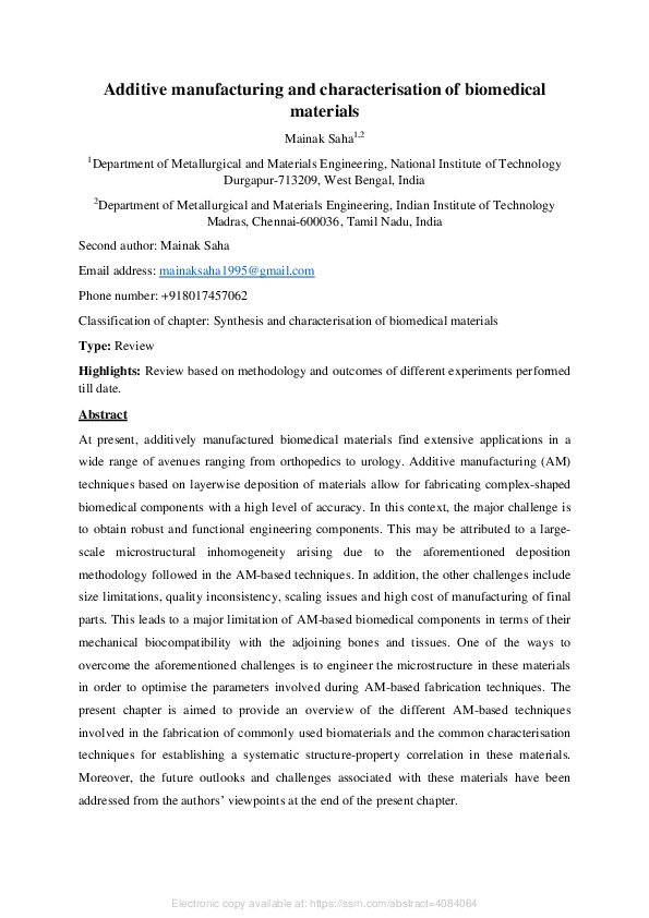 (PDF) Additive Manufacturing and Characterisation of Biomedical Materials