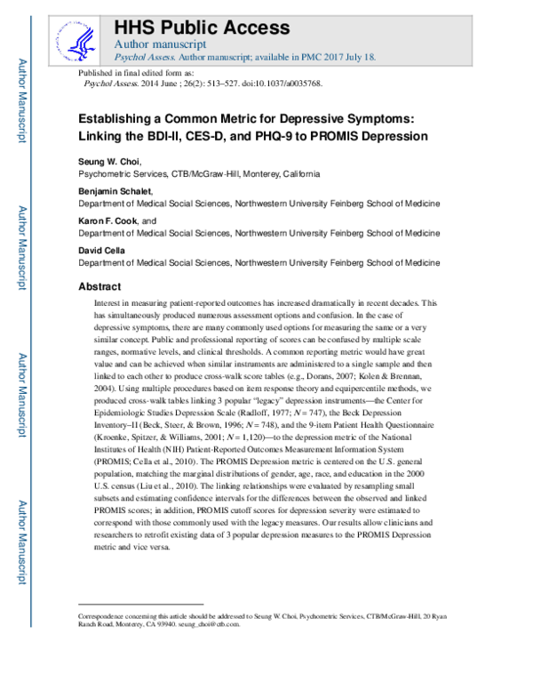 (PDF) Establishing a common metric for depressive symptoms: Linking the ...