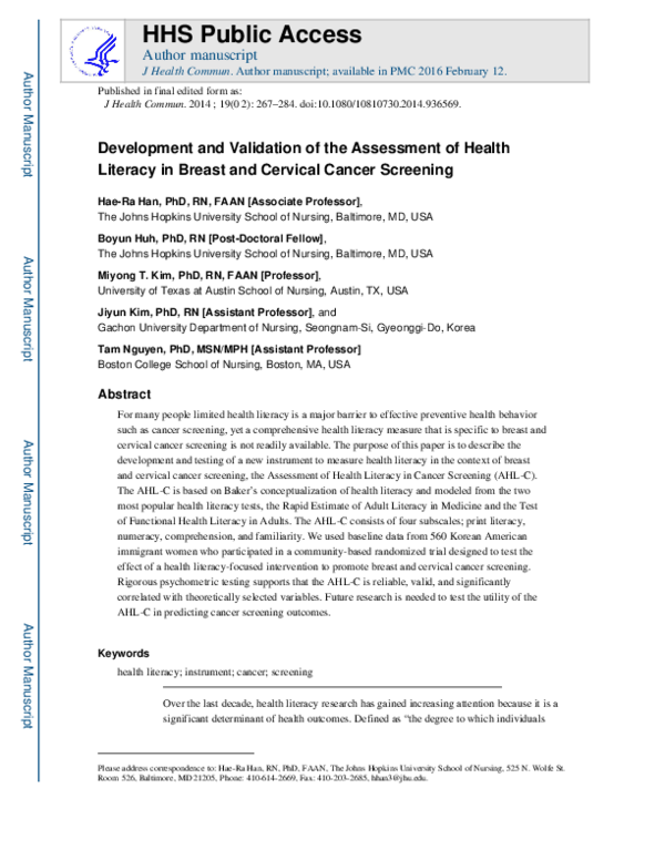 (PDF) Development and Validation of the Assessment of Health Literacy ...