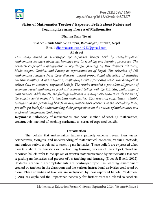 (PDF) Status of Mathematics Teachers' Espoused Beliefs about Nature and ...