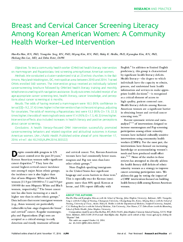 (PDF) Breast and Cervical Cancer Screening Literacy Among Korean ...