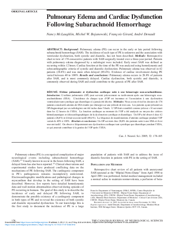 Pdf Pulmonary Edema And Cardiac Dysfunction Following Subarachnoid