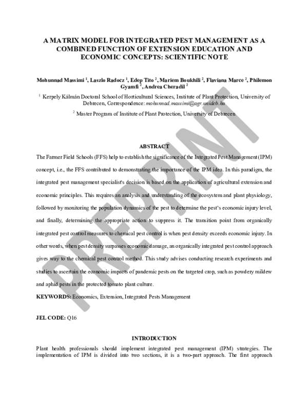 (PDF) Matrix Model for Integrated Pest Management as a Combined ...