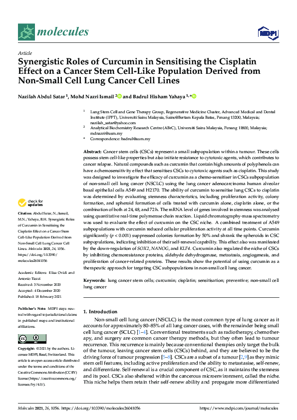 (PDF) Synergistic Roles of Curcumin in Sensitising the Cisplatin Effect ...