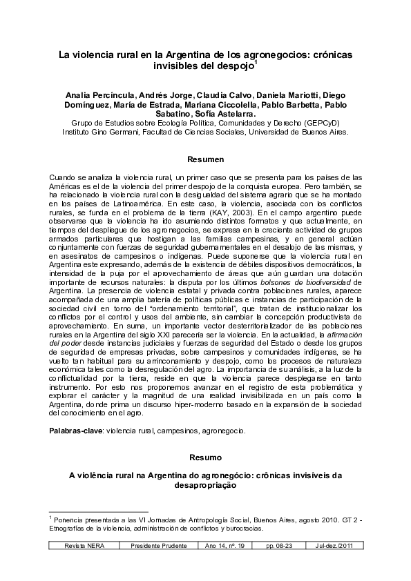 (PDF) LA VIOLENCIA RURAL EN LA ARGENTINA DE LOS AGRONEGOCIOS: CRÓNICAS ...
