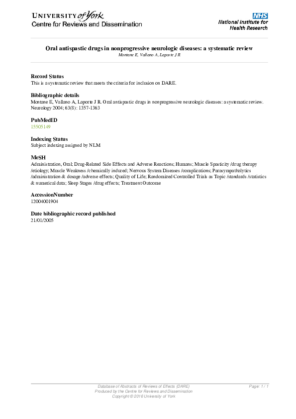 (PDF) Oral antispastic drugs in nonprogressive neurologic diseases: A ...
