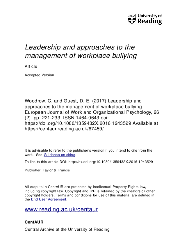 (PDF) Leadership and approaches to the management of workplace bullying