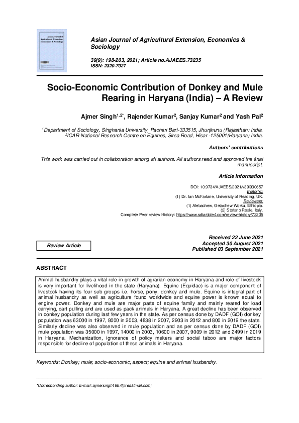 (PDF) Socio-Economic Contribution of Donkey and Mule Rearing in Haryana ...