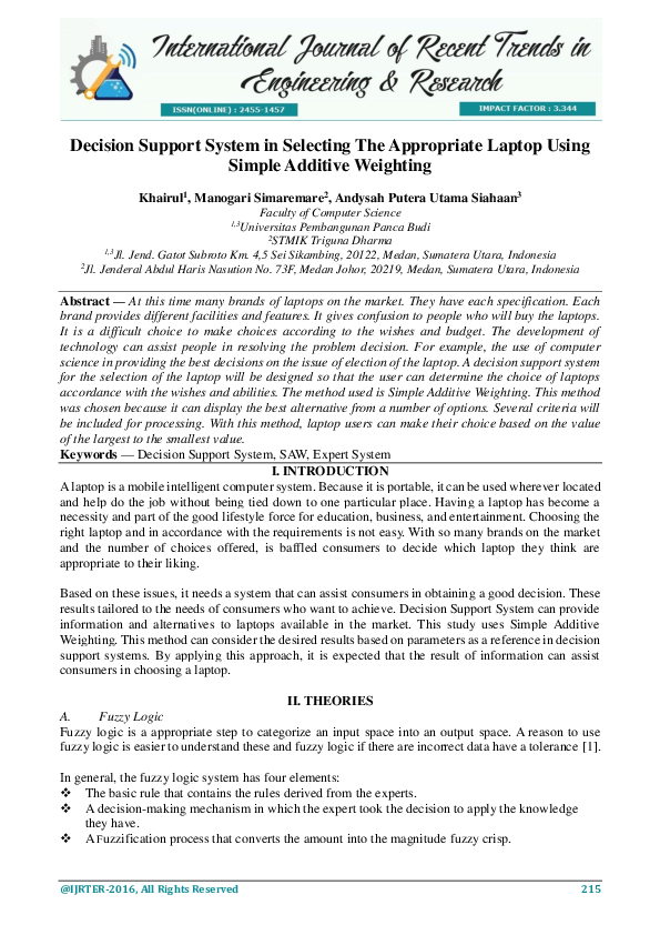 (PDF) Decision Support System in Selecting the Appropriate Laptop using ...